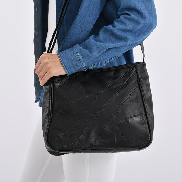 Umhängetasche aus Leder, Patchwork-Design, 31×11×27cm, Burgund image number 3