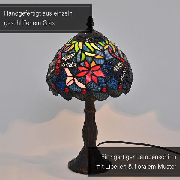 Art-Decor Lampe im Tiffany-Stil mit Buntglas und Aluminium, Handarbeit, E14 Fassung - 25W, 36 cm, blaue Libelle image number 6