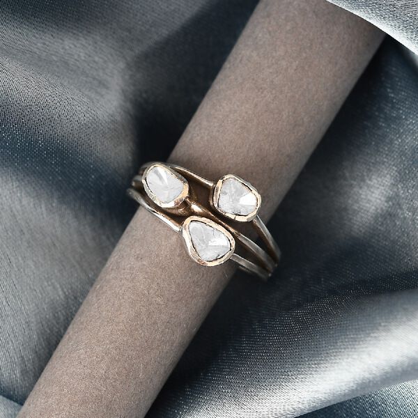 Handgearbeiteter Polki Diamant 3 Stein Ring 925 Silber Platin-&Uuml;berzug image number 2