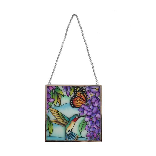 Handbemalter Glas-Sonnenfänger, Blumen-und-Vogel-Design, 11,5×11,5cm, Mehrfarbig image number 1