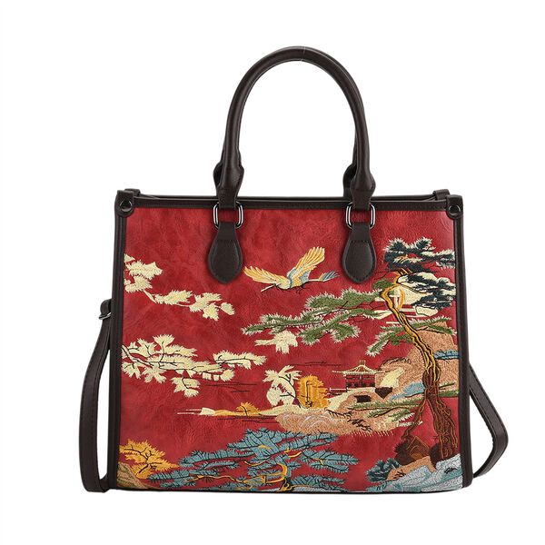 Bestickte Crossbody Tasche, Kunstleder, Blumen Design, 32 x 12 x 25 cm, Rot image number 0