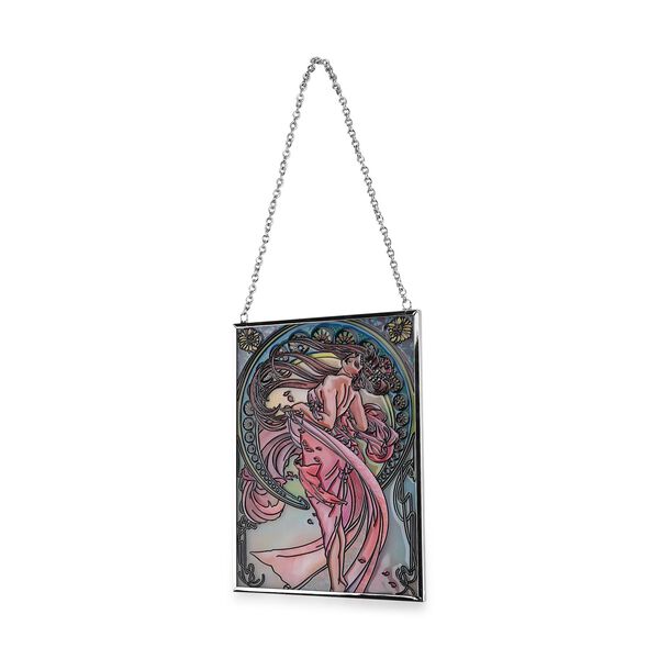 Handbemalter Glas Suncatcher mit Kette, silberfarbenem Rahmen, Alphonse Mucha Motiv Art-Deko, 12x15 cm image number 3