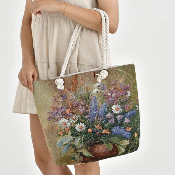 Gewebte Jute-Tasche mit Blumenstrauß und Gänseblümchen, mehrfarbig image number 3