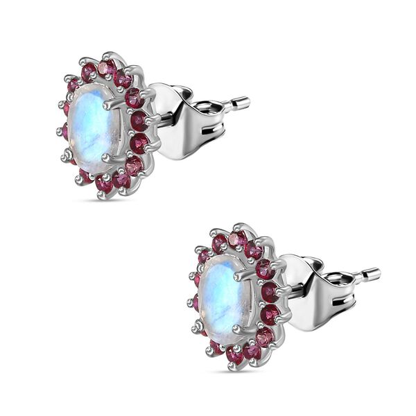 AA Regenbogen Mondstein und Signity leuchtend rote Topas-Ohrringe - 2,17 ct. image number 5