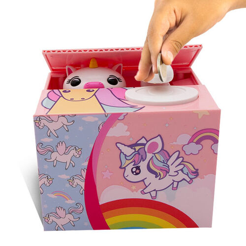 Münzstehlende Einhorn Spardose, Größe 12x10x9 cm, 2xAA (Batterien nicht inkl.) image number 1