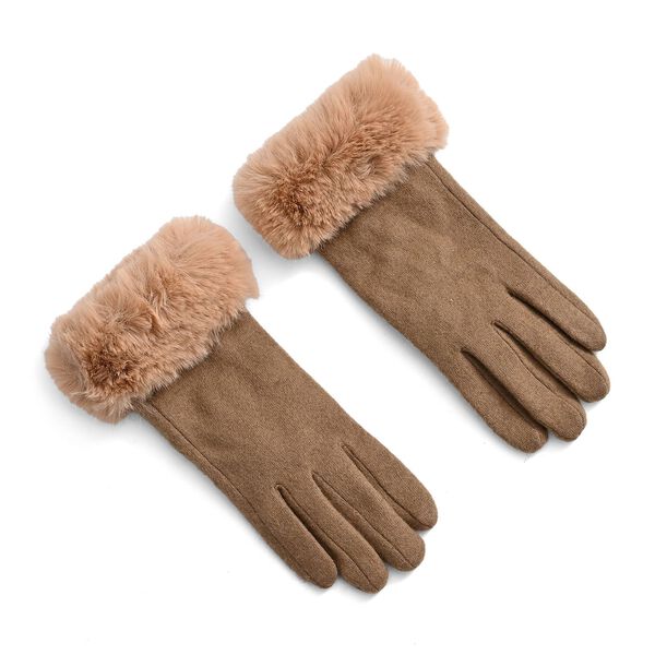 Kaschmir-Handschuhe mit Kunstfellbesatz und Touchscreen-Funktion, One Size, Braun image number 0