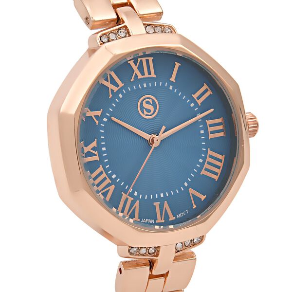 Strada - Kristall Uhr, japanisches Uhrwerk, Edelstahl in Roséfarbe, blau image number 4