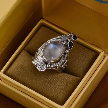 Sajen Silver- Regenbogen Mondstein, Ilakaka rosa Saphir und afrikanischer Amethyst-Ring- 9.53 ct.