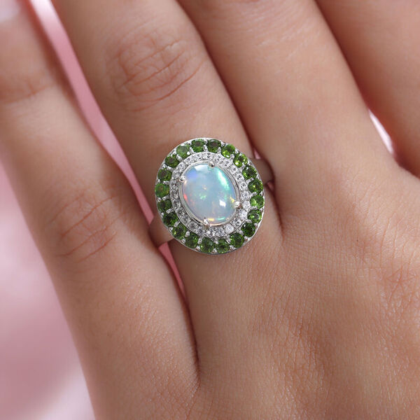 Natürlicher, äthiopischer Opal und natürlicher Chromdiopsid Halo-Ring, 925 Silber platiniert  ca. 2,41 ct image number 3