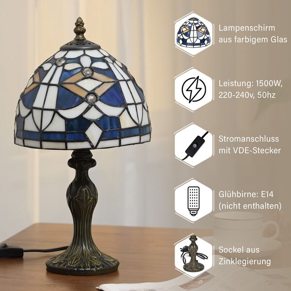 Handgefertige Tiffany-Stil Tischlampe, Buntglas, Blaues Mosaik image number 4