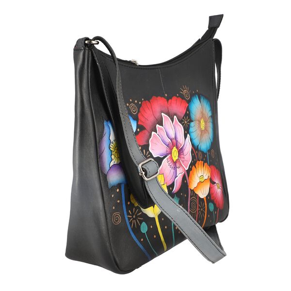 SUKRITI - 100% Echtes Leder Hobo Tasche, Blumenmuster, Gr&ouml;&szlig;e: 28x9 x25cm, schwarz image number 3