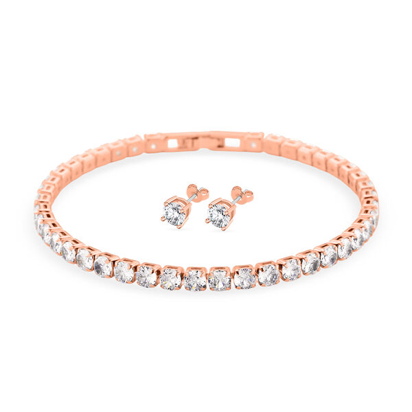 2er Set- Wei&szlig;er Zirkonia Armband und Ohrringe, Nickelfreies Messing ros&eacute;vergoldet