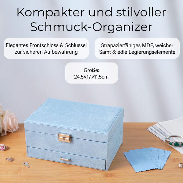 3-schichtige Schmuckbox aus Samt mit 5 Silberputztüchern in Blau, 24,5x17x11,5cm image number 2