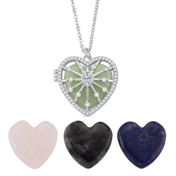 Herz Anh&auml;nger mit wechselbaren Edelsteinen und Kette, ca. 50 cm + 5 cm Extender, Nickelfreies Messing, Silberfarben