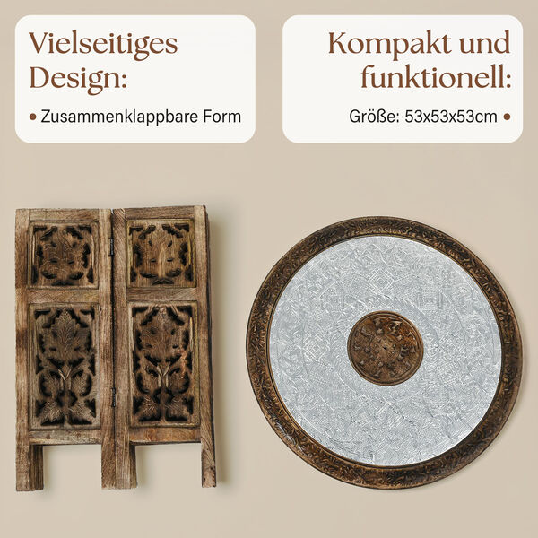 NAKKASHI handgeschnitzter klappbarer Tisch aus Mangoholz mit handgeprägter Aluminiumplatte, 53x53x53 cm, natur image number 4