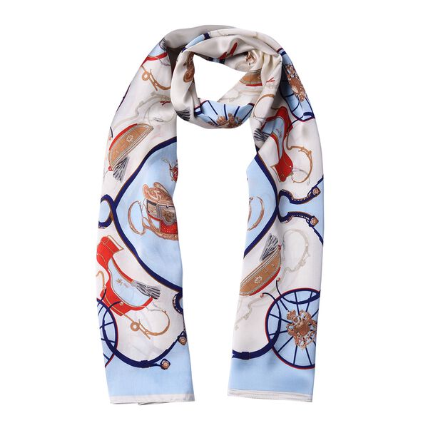 LA MAREY: Bedruckter Schal aus 100% Maulbeerseide, Kutschenmuster, inkl. Geschenkbox, Hellblau-Beige image number 3