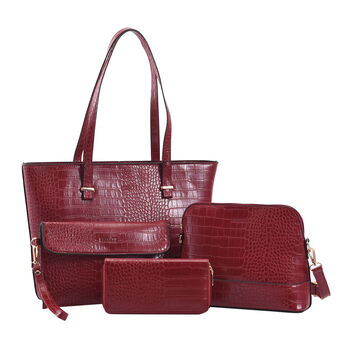 Passage - 4er-Set, Handtasche, Crossbody Tasche, Clutch und Brieftasche mit Kroko-Pr&auml;gung, Blumenmuster, Burgunderrot