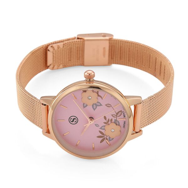 STRADA Uhr mit Japanischem PC21S Werk, Edelstahl-Mesharmband, florales Zifferblatt Rosa mit Weißem Kristall, Rosévergoldet image number 4