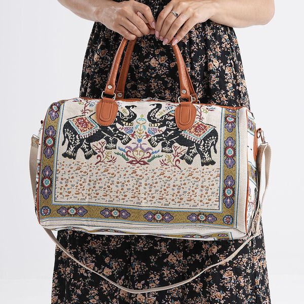 Reisetasche, 45x23x27cm, Cremefarben mit Elefantenmuster image number 3