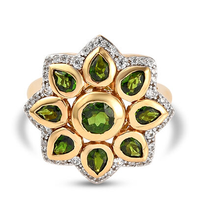 Natürlicher Chromdiopsid und floraler Zirkon-Ring in Silber, 2,53 ct.