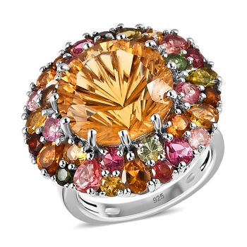 Citrin Ring im Hanabi-Schliff und nat&uuml;rlichem mehrfarbigem Turmalin - 11,42 ct.