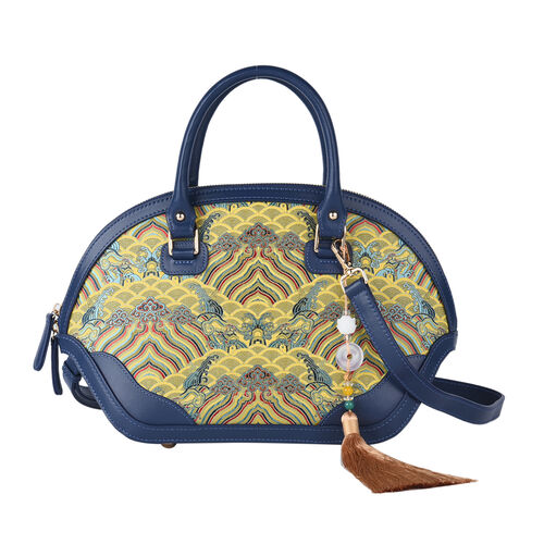 Seidenbrokat Tasche aus 100% Leder mit natürlicher Jade Quaste, Größe 35x23x13 cm, Dunkelblau und Gelb image number 0