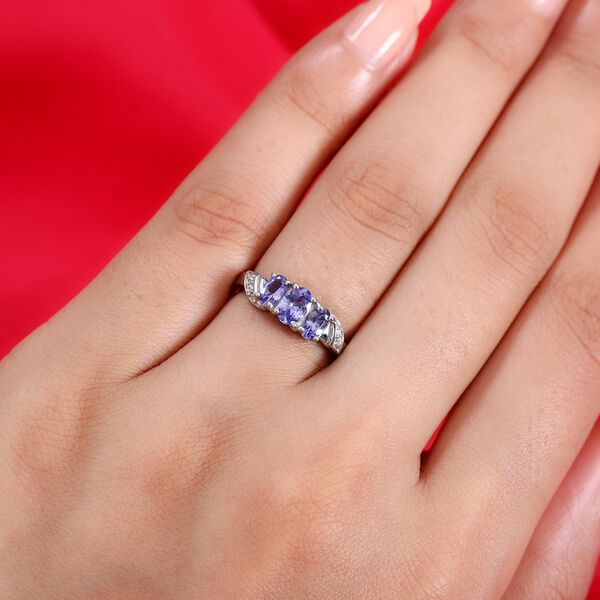 Tansanit und Zirkon 3 Stein Ring 925 Silber Platin-&Uuml;berzug image number 3