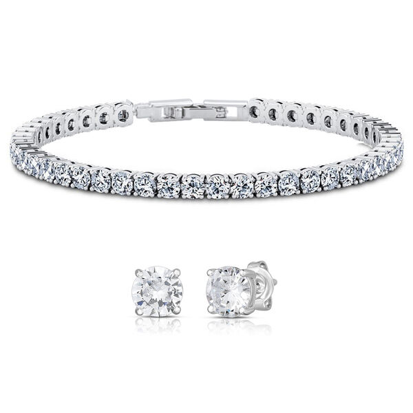 2er Set - Wei&szlig;er Zirkonia Armband und ohrstecker (Rund) Messing rhodiniert