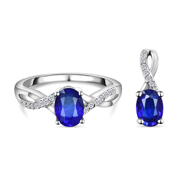AA tansanischer, blauer Spinell(DIF) und weißer Zirkon-Ring und Anhänger, 925 Silber platiniert ca. 2,17 ct image number 0