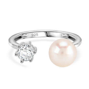 Wei&szlig;e S&uuml;&szlig;wasser Perle, Wei&szlig;er Zirkonia Ring Nickelfreies Messing, Flexibles (Gr&ouml;&szlig;e 16.00-18.00)