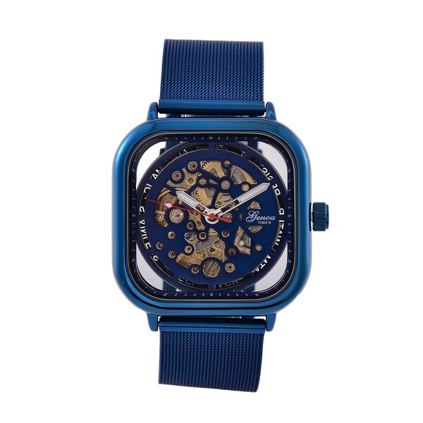 GENOA TIME V2 42mm Automatische Mechanikuhr - Schwarzes hohles Zifferblatt, Geh&auml;use aus Legierung mit IPS-Beschichtung, Edelstahl-Mesh-Armband, 3 ATM wasserdicht, Reiner Edelstahl, 8.5 cm, blau