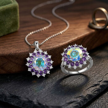 D'Joy Merkur mystischer Topas, afrikanischer Amethyst und Zirkon Ring und Anh&auml;nger mit 45cm Kette
