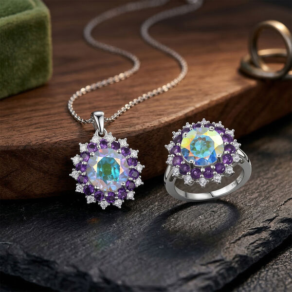 D'Joy Merkur mystischer Topas, afrikanischer Amethyst und Zirkon Ring und Anh&auml;nger mit 45cm Kette image number 1