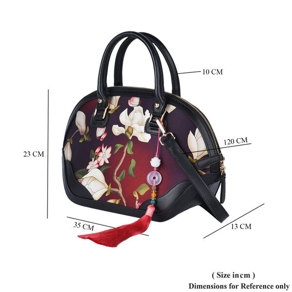 Seidenbrokat Tasche aus 100% Leder mit nat&uuml;rlicher Jade Quaste, Gr&ouml;&szlig;e 35x23x13 cm, Schwarz image number 7