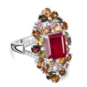 Afrikanischer Rubin (Fissure gefüllt), Mehrfarbig-Turmalin Ring 925 Silber rhodiniert (Größe 18.00) ca. 9.10 ct