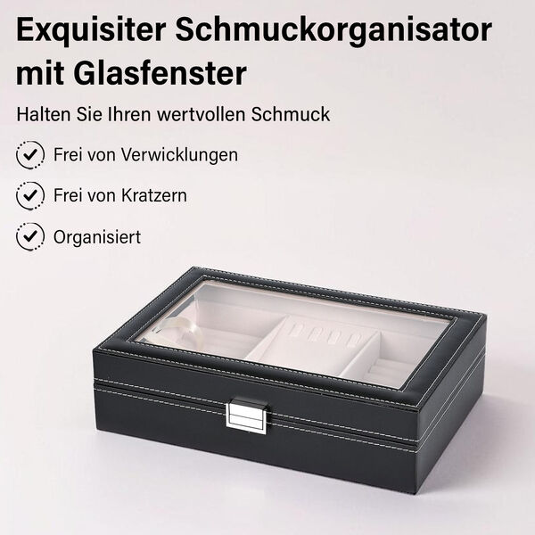 Schmuckorganizer aus Kunstleder mit Glasdeckel, 30x20x8,5cm, Schwarz image number 2