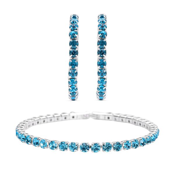 Blaue Kristall-Ohrringe mit Armband, reines Messing