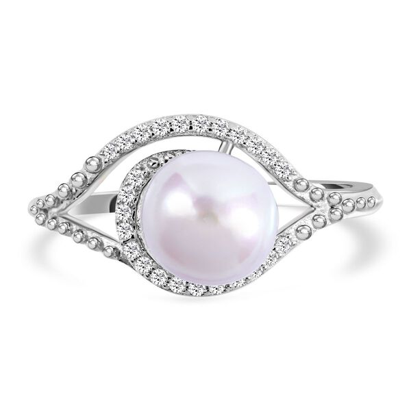 Süßwasserzuchtperle und weißer Zirkonia Ring, 925 Silber platiniert (Größe 20.00) ca. 0.23 ct image number 0