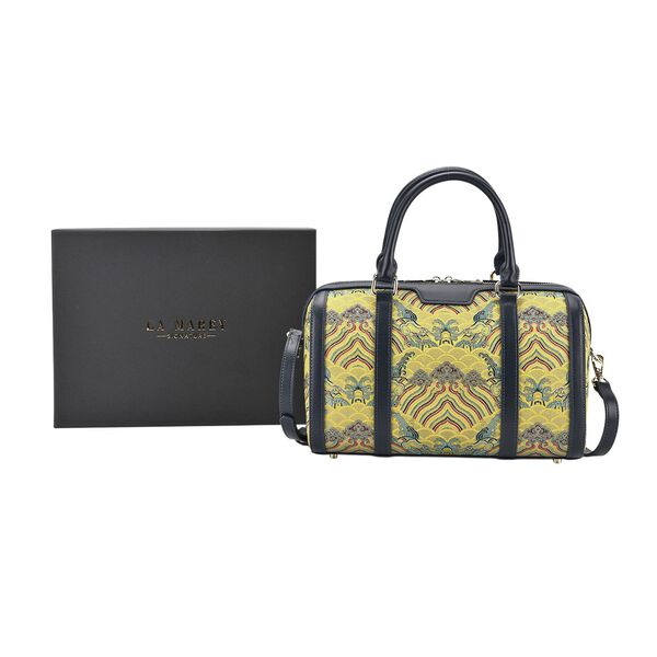 LA MAREY Brokat Crossbody Tasche aus Seide und Echtleder, 30x18x15cm, Gelb image number 8