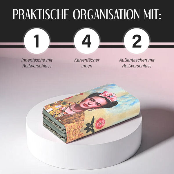 Frieda Kahlo Brieftasche mit doppeltem Rei&szlig;verschluss, mit mehreren Kartenf&auml;chern und RFID-Schutz, 19x10x4 cm, Beige image number 3