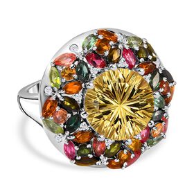 Citrin, Mehrfarbiger-Turmalin Ring, 925 Silber rhodiniert, (Größe 21.00) ca. 9.45 ct