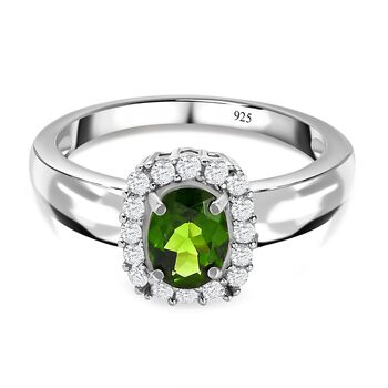 Nat&uuml;rlicher Chromdiopsid und wei&szlig;er Zirkon-Ring, 925 Silber platiniert (Gr&ouml;&szlig;e 17.00) ca. 1.12 ct