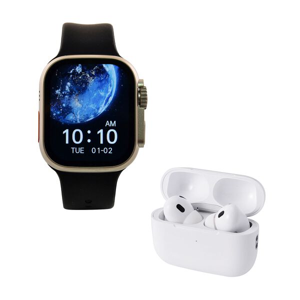 I20 Ultra 2 Max Suit - 10-in-1 Smartwatch-Komplettset mit Smartwatch, Gold-Drehkrone, Kopfh&ouml;rern, Displayschutz, Ladekabel und 7 Wechselarmb&auml;ndern, Silberfarben