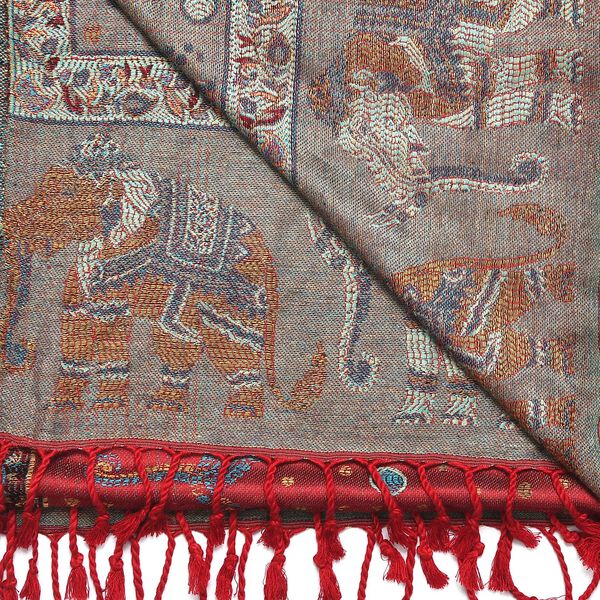 Jamawar-Schal, 3-Schiffchen-Webung, 70x200 cm, Elefant image number 7