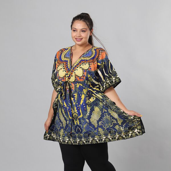 V-Ausschnitt bedruckter Kaftan, Einheitsgr&ouml;&szlig;e Blaugr&uuml;n image number 4