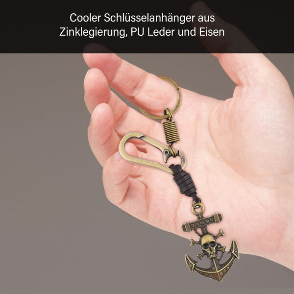 3er Set Schl&uuml;sselanh&auml;nger, Fl&uuml;gel Anker Totenkopf, Bronze image number 3