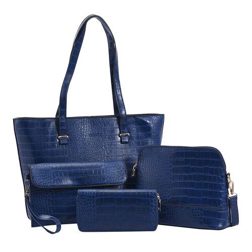 PASSAGE 4er-Set, Crossbody-Tasche, Portemonnaie, Schultertasche und Clutch mit Kroko-Prägung, Marineblau image number 0