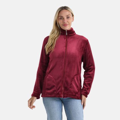 LA MAREY - Velvet Kuschel Jacke mit Rei&szlig;verschluss und Taschen, Burgunderrot, L / XL