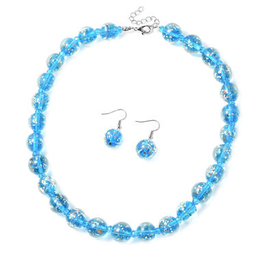 Murano-Stil Glas-Ohrringe und Kette, reiner Edelstahl, blau