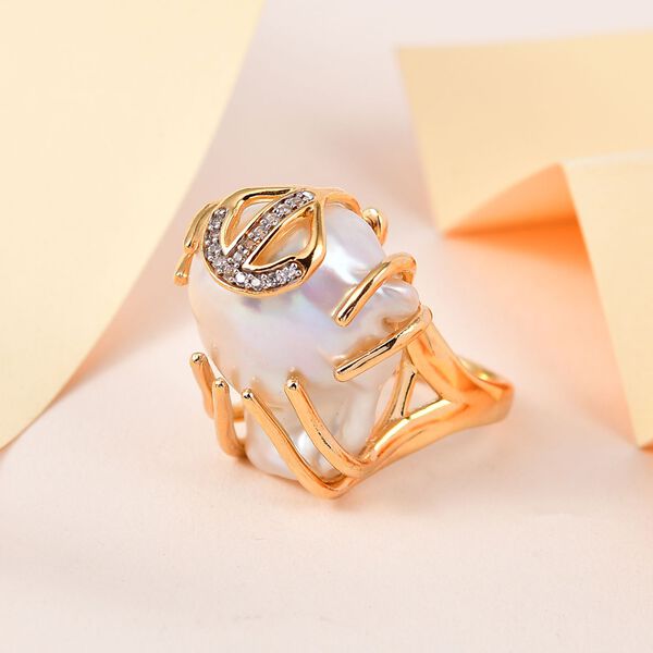 Wei&szlig;e Barockperle, Wei&szlig;er Zirkon Ring 925 Silber Gelbgold Vermeil (Gr&ouml;&szlig;e 16.00) ca. 0.60 ct image number 1